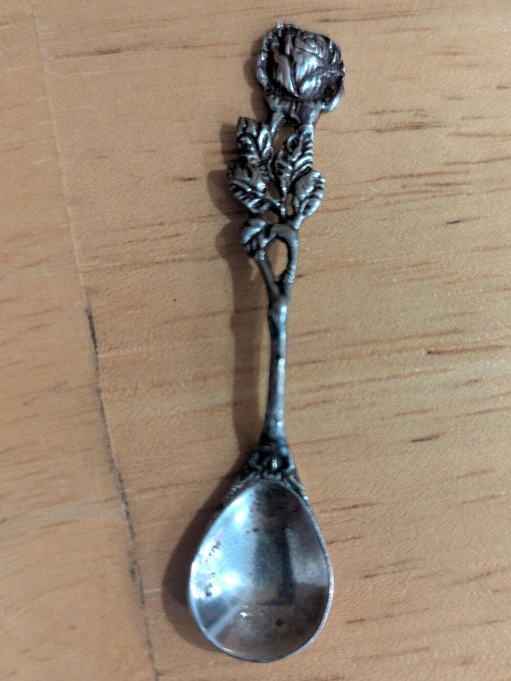 Antique Silver 830 Rose‎ Floral Salt Spoon Ornate Beautiful 2.5"
